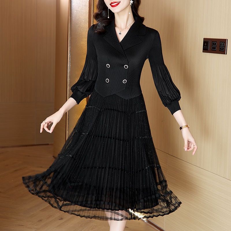 Large size women's pleated dress 2025 spring new mesh lace dress D02304
