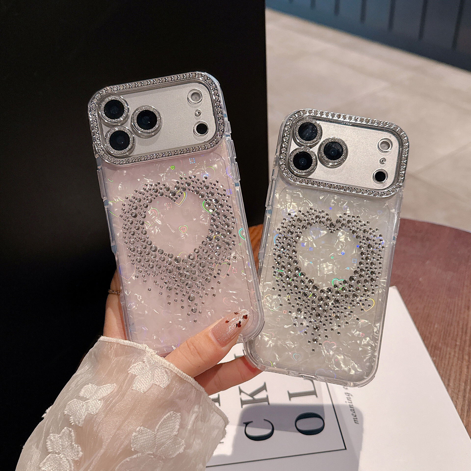 Inlaid Heart Phone Case iPhone 17 Pro Max Compatible with Apple 16 Pro Full Coverage Diamond Frame 15