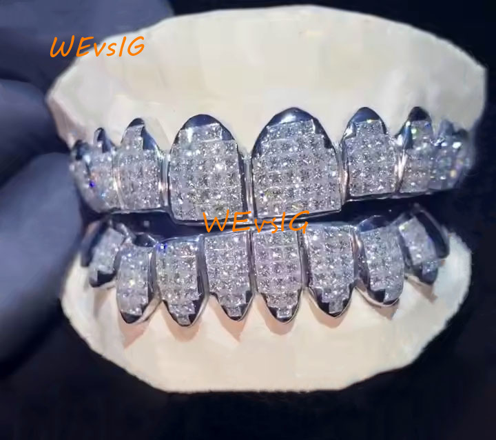 Hip Hop Iced Out Diamond Princess Cut Moissanite Grillz 10K 14K 18K Gold 925 Silver Invisible Custom Teeth Grillz