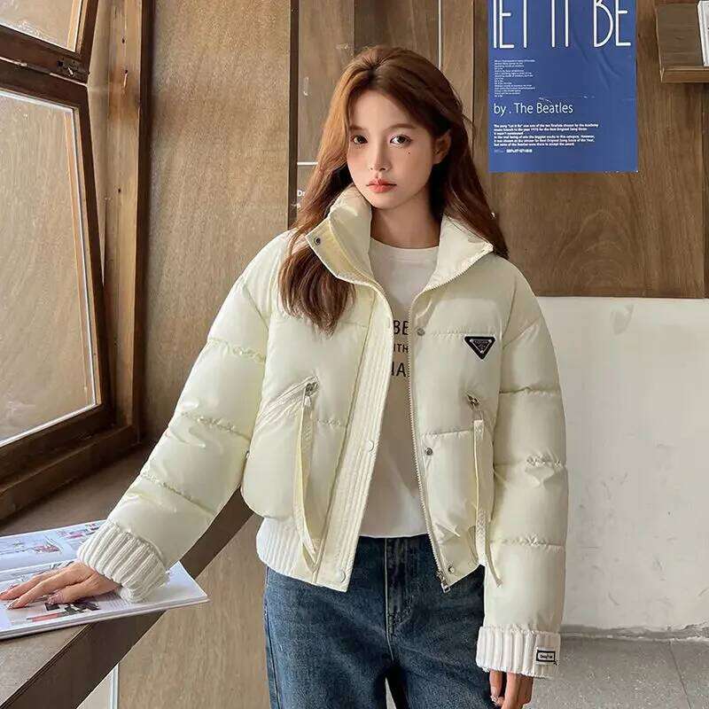 Korean Stand Collar Cropped Jacket Winter Coat Women's Clothing Trend Puffer Jackets Warm Streetwear Knit Patchwork Long Sleeve