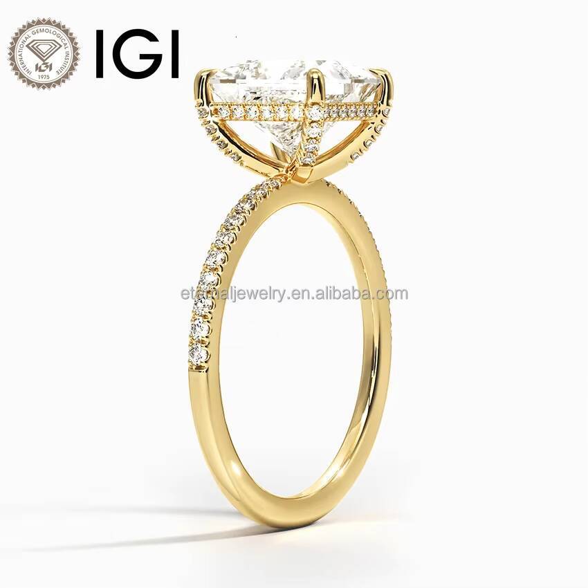 Women 9K 10K 14K 18K Solid Gold 1ct 15ct 2ct VVS Princess Cut IGI Laboratory Grown Diamond Hidden Halo Engagement Wedding Ring