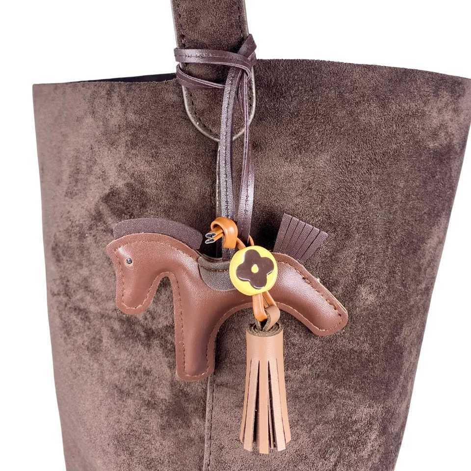 Leather Pony Bag Charm with Fringe Bead Elegant Brown Horse Keychain for Purse Tote Boho Chic Accessory-PU LeatherT251127