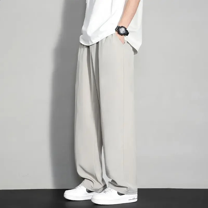 Mens ice silk wide leg pants thin mens black comfortable quick drying pants summer loose casual street loose pants 250427