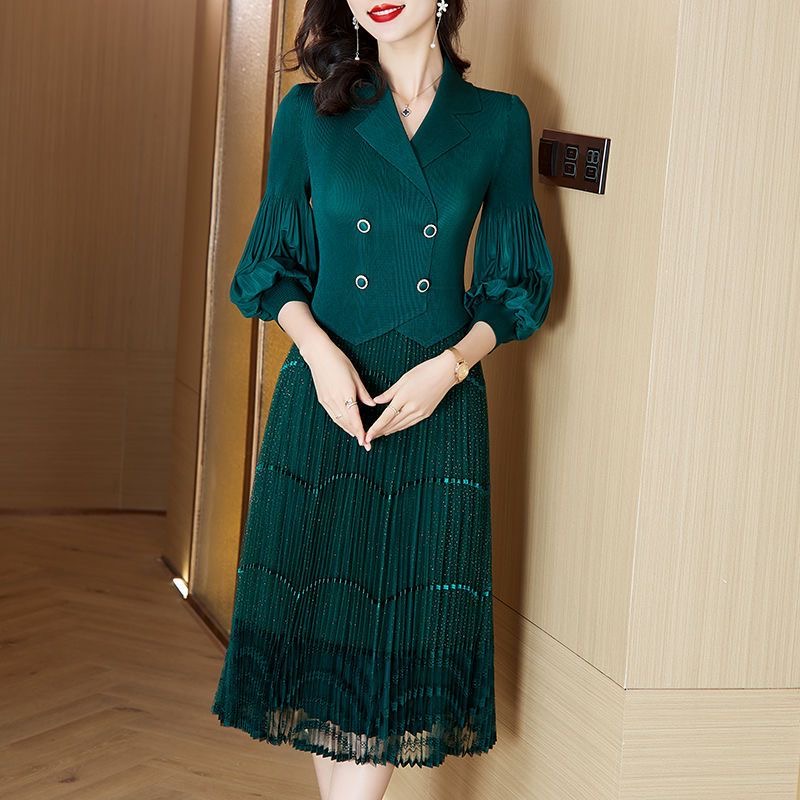 Large size women's pleated dress 2025 spring new mesh lace dress D02304