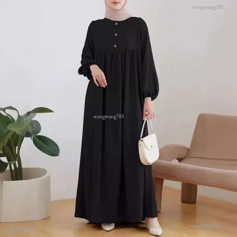 Abaya fashion New Muslim Women's Robe Fashion Casual Bubble Sleeves Simple Loose Solid Color Dress