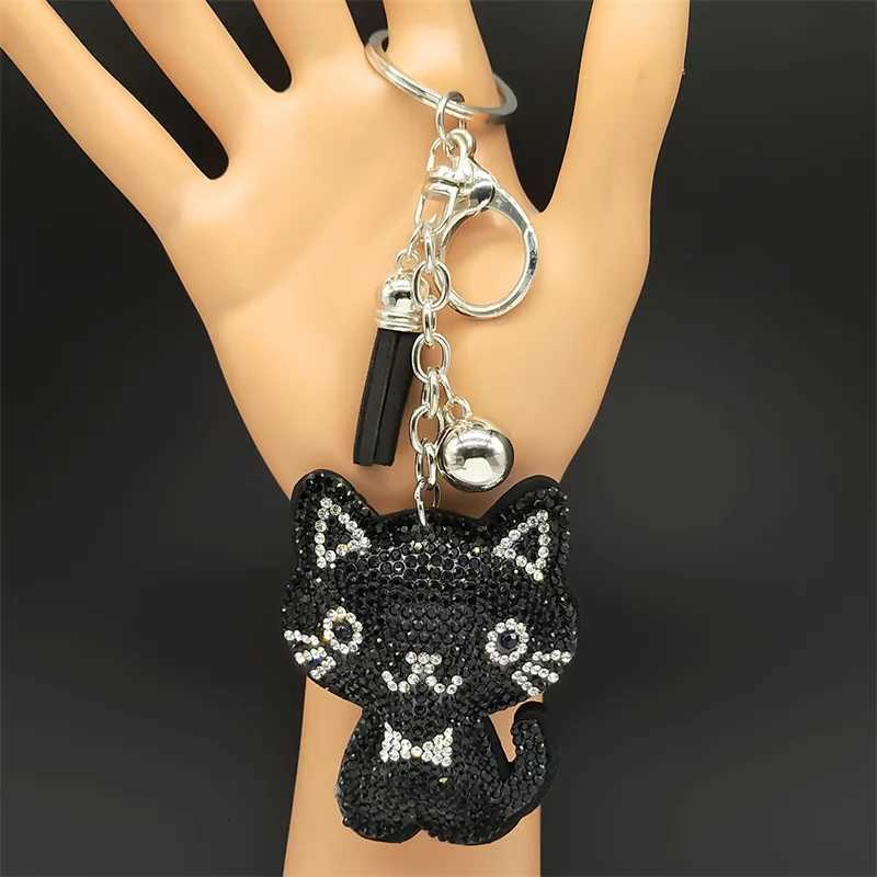 Black Cute Kitty Bowknot Keychain For Women Men Rhinestone Tassel Female Bag Decoration Cat Animal Keyring Jewelry GiftsT251127