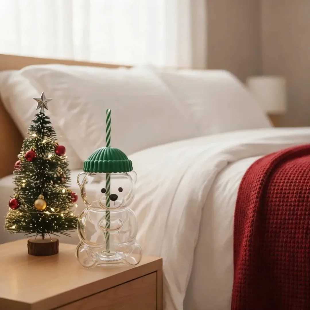 Bear Glass Mug 500ML Large Capacity Straight Drink Straw Cup With Cute Lid Portable For Daily Travel L251127