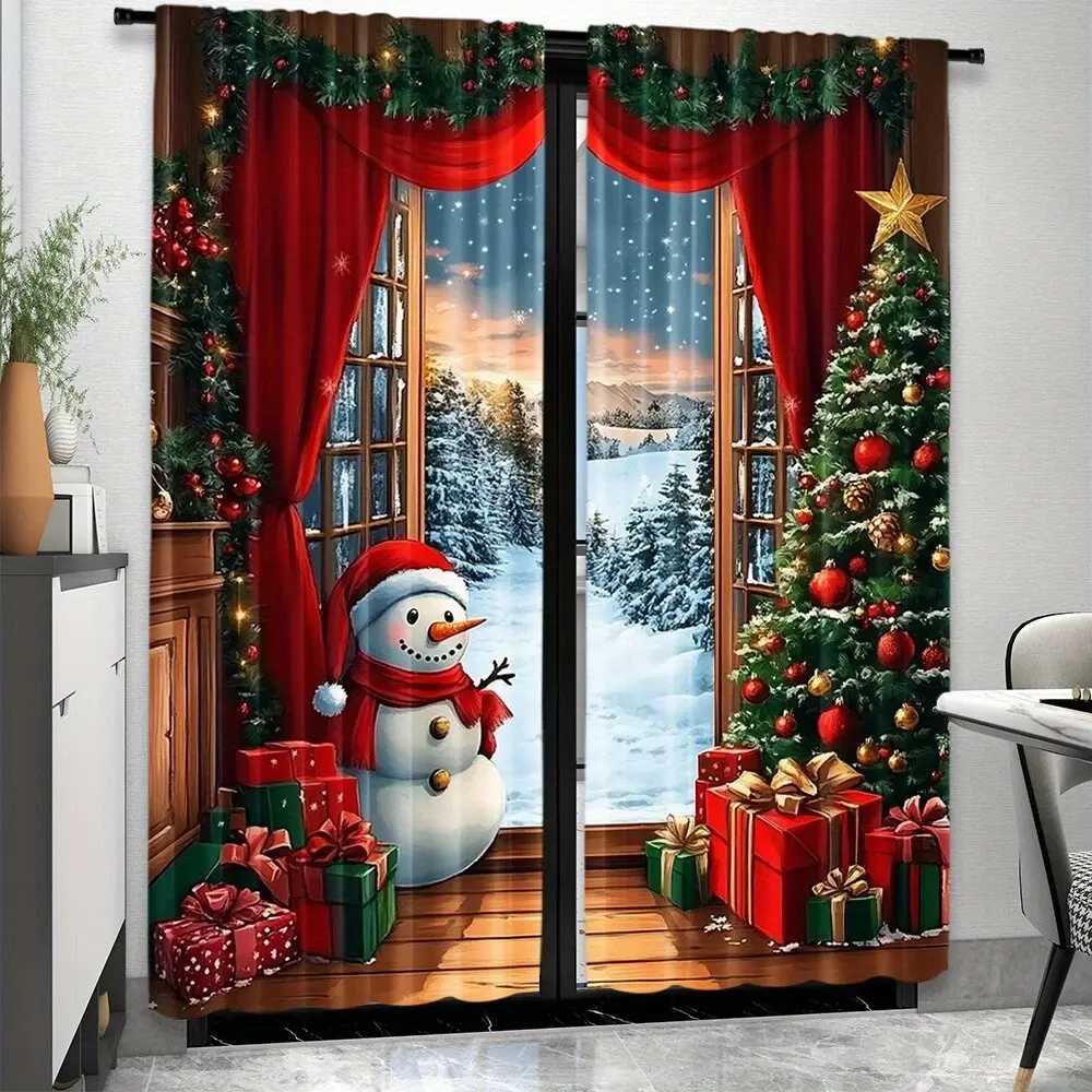 Curtain Christmas 2pcs The scene of Santa Claus and the snowman simple wood printed curtains - home decor room decor Y251126
