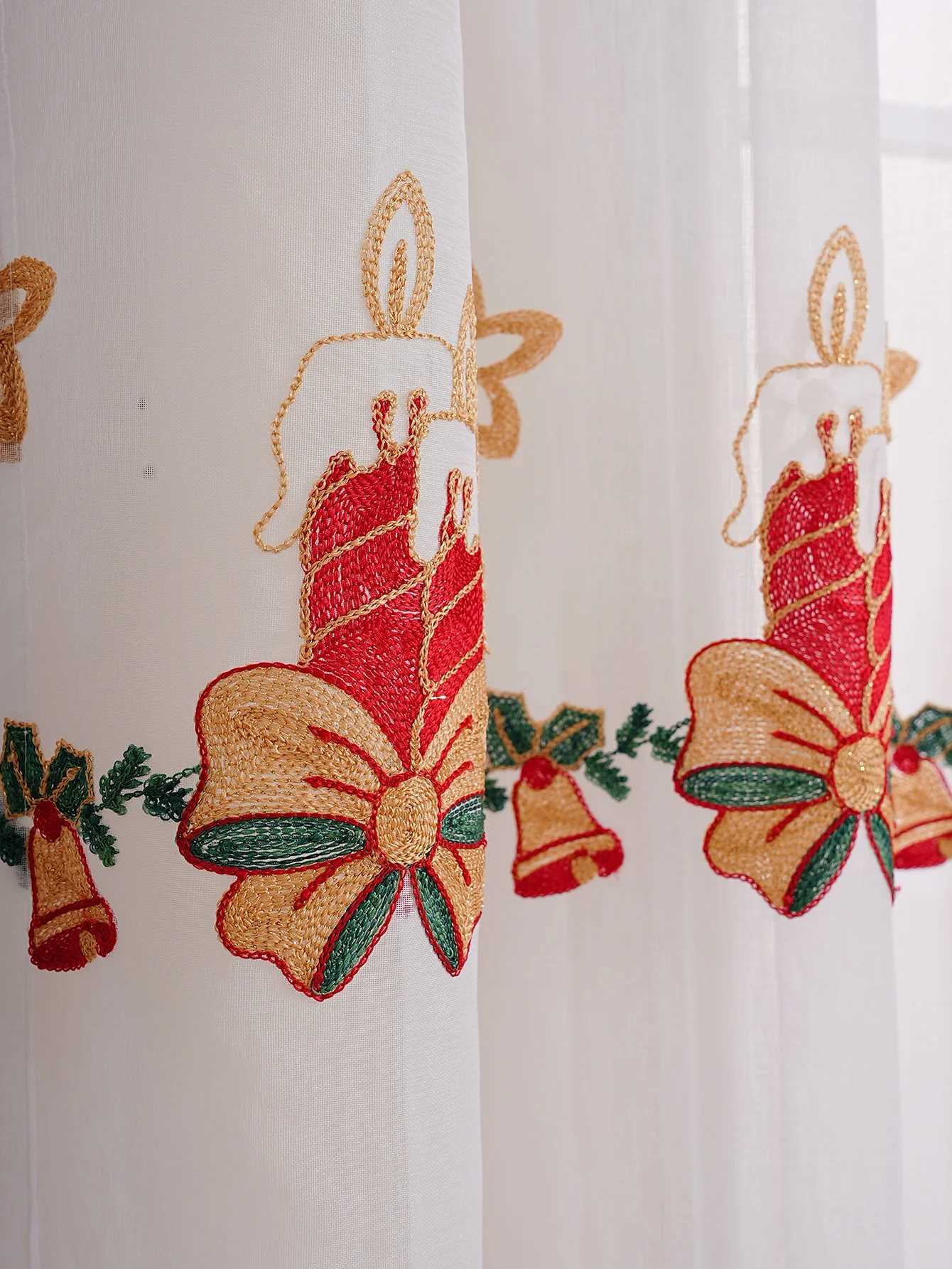 Curtain Christmas Christmas Candle Embroidered Curtain Sheer for Living Room Bedroom Festive Atmosphere Pole Pocket Curtain Y251126