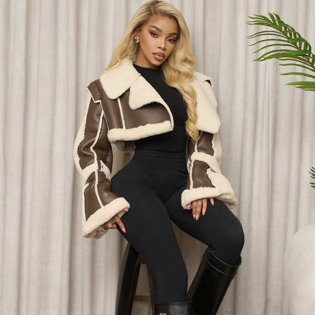 2025 Autumn New Womens Fashion Street PU Leather Patchwork Fur Collar Short Cropped Jacket