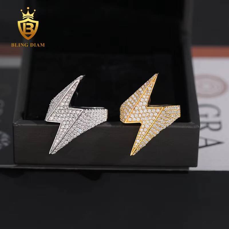 New Style High Quality Hip Hop Jewelry 925 Sterling Silver Lightning Iced Out Ring Men Diamond Moissanite Ring