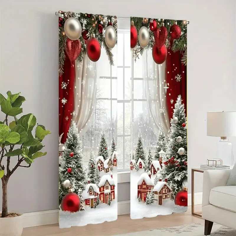 Curtain Christmas 2pcs - Christmas snow scene forest scene printed curtains pole bag curtains home decoration room decoration Y251126