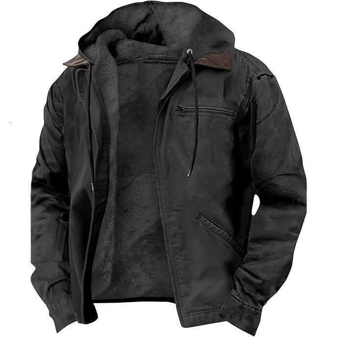 European and American Cross-Border E-commerce Exclusive Solid Color Hooded Cotton Casual Men's Fleece-Lined Zipper Pocket Jacket Coat - view 6