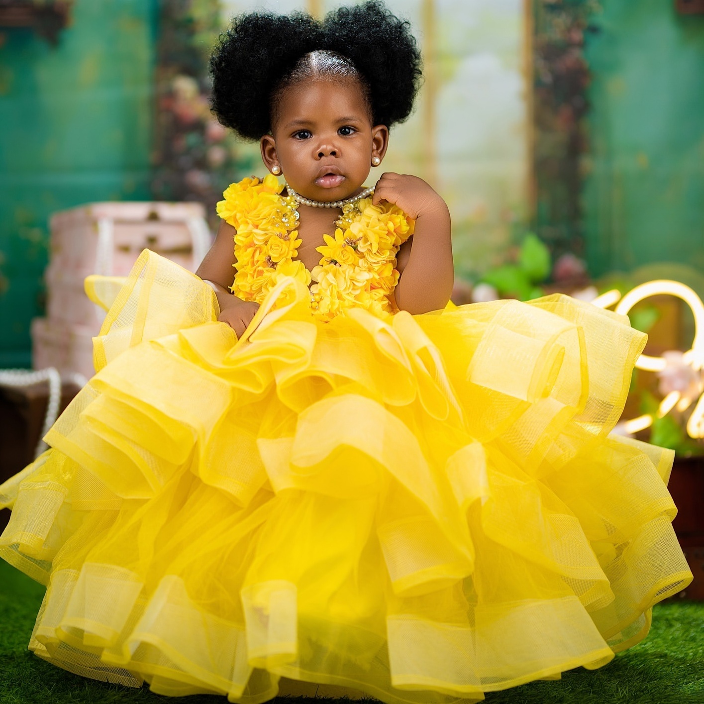 2026 Yellow Ball Gown Flower Girl Dresses Flowers Tulle Tiers Sheer Neck Little Girl Christmas Peageant Birthday Christening Tutu Dress Gowns ZJ422