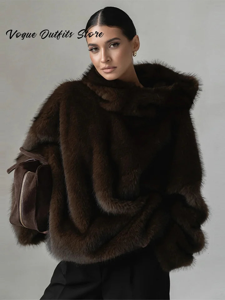 Casual Furry Faux Fur Hooded Pullover Women Full Sleeve Loose Warm Solid Coat 2025 Autumn Winter Lady Chic Street Outwear 251126