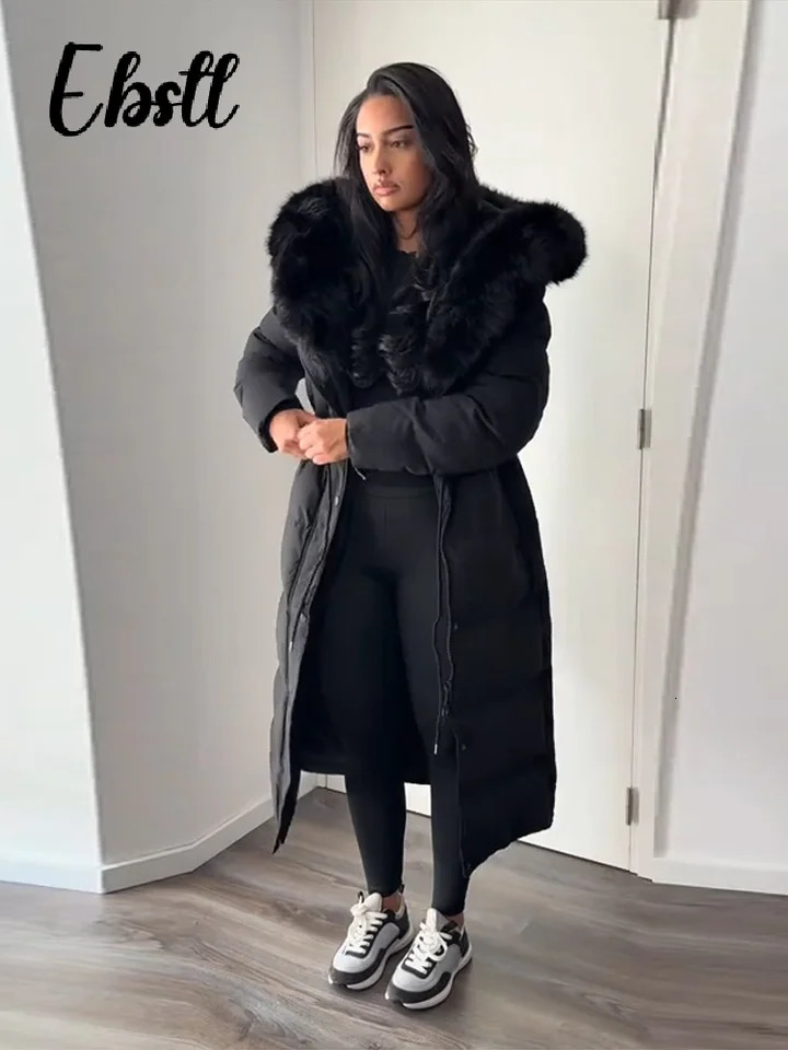 Warm Fur Collar Elastic Waist Hooded Coat Womens Elegant Waist-cinching Zippers Long Cotton Coats 2025 Winter Lady Outwear 251126