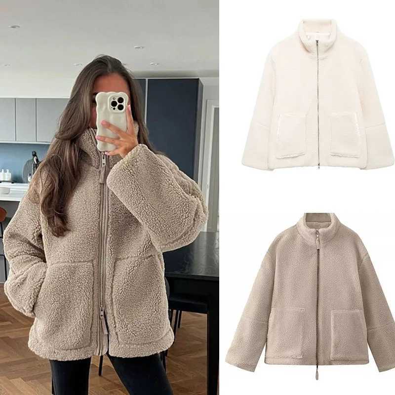 Lamb Wool Jacket Women Winter Fashion Stand Collar Zipper Pocket Long Sleeve Tops Warm Thicken Fleece Coat Streetwear OvercoatsXJ251127