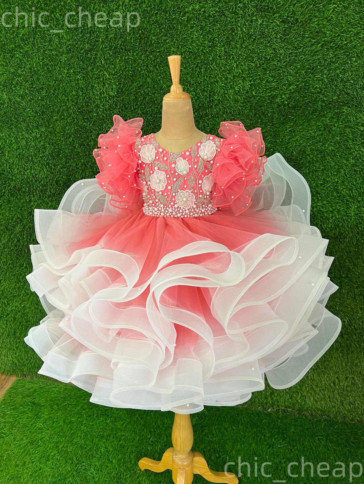 2026 Water Melon Ball Gown Flower Girl Dresses Appliques Pearls Tiers Tulle Little Girl Christmas Peageant Birthday Christening Tutu Dress Gowns ZJ422