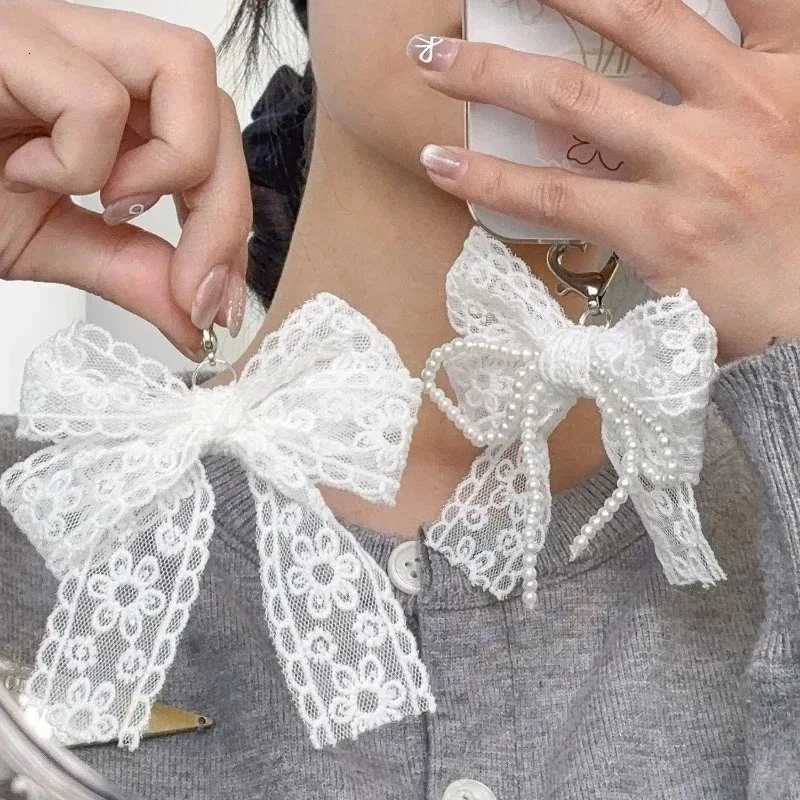 Korean Cute Lace Bow Pearl Beaded Phone Pendant Chain Accessories Aesthetic Ballet Shoes Camera Bag Decoration Keychain GiftT251127