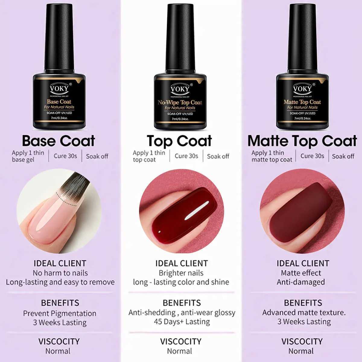 VOKY 024oz No Wipe Top Coat And Base Top Coat And Matte Top Coat Set - Shiny Finish Long Lasting Soak Off LED Nail Lamp GelT251127