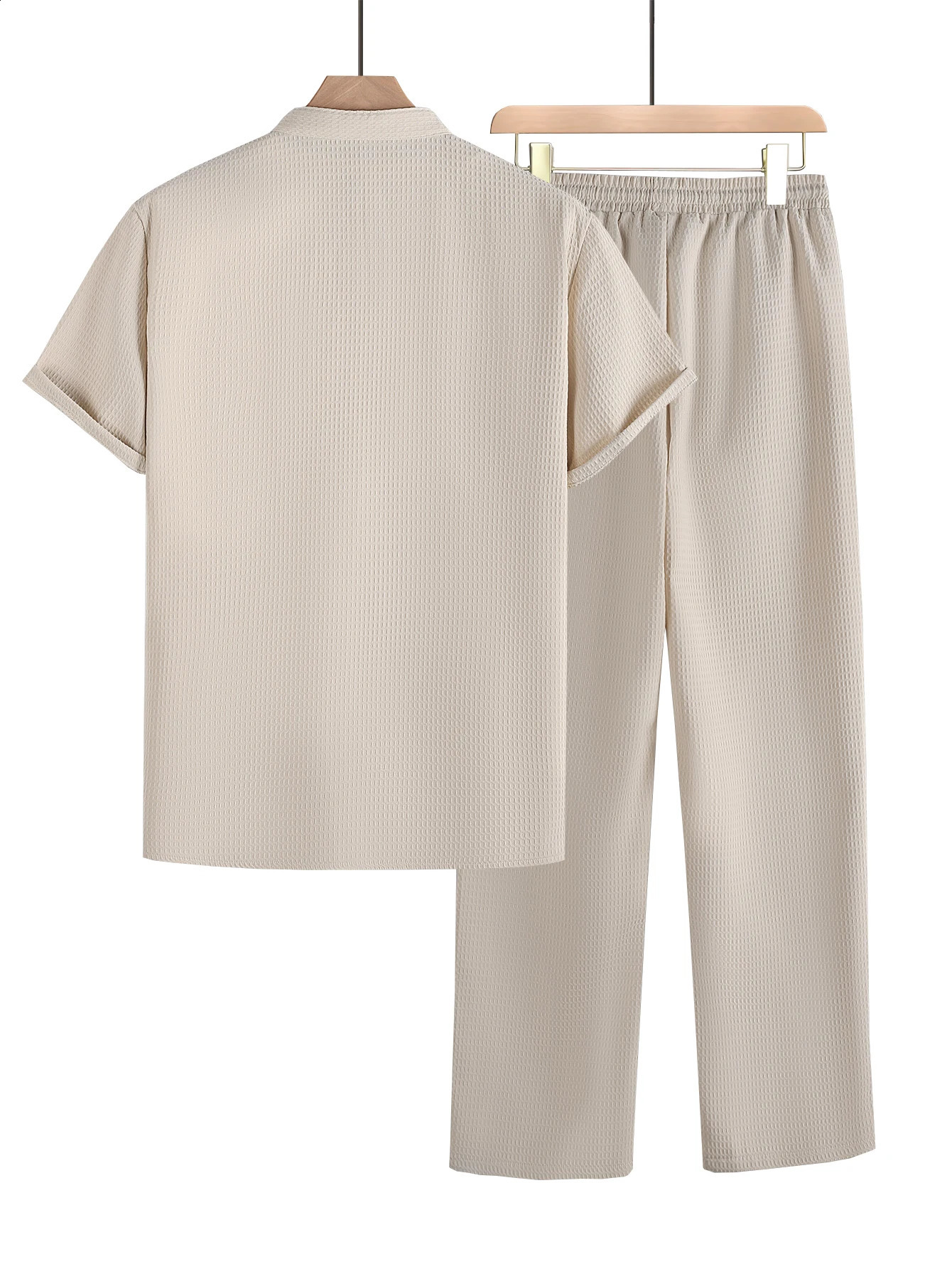 Leisure 2-piece spring/summer mesh fabric short sleeved drawstring pants set 250427