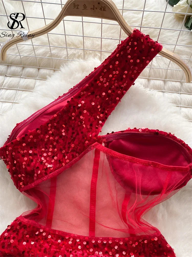 SINGREENY Autumn Bodycon sexy dress fashion mesh sequin diagonal neckline sleeveless womens transparent Midi dress 250427