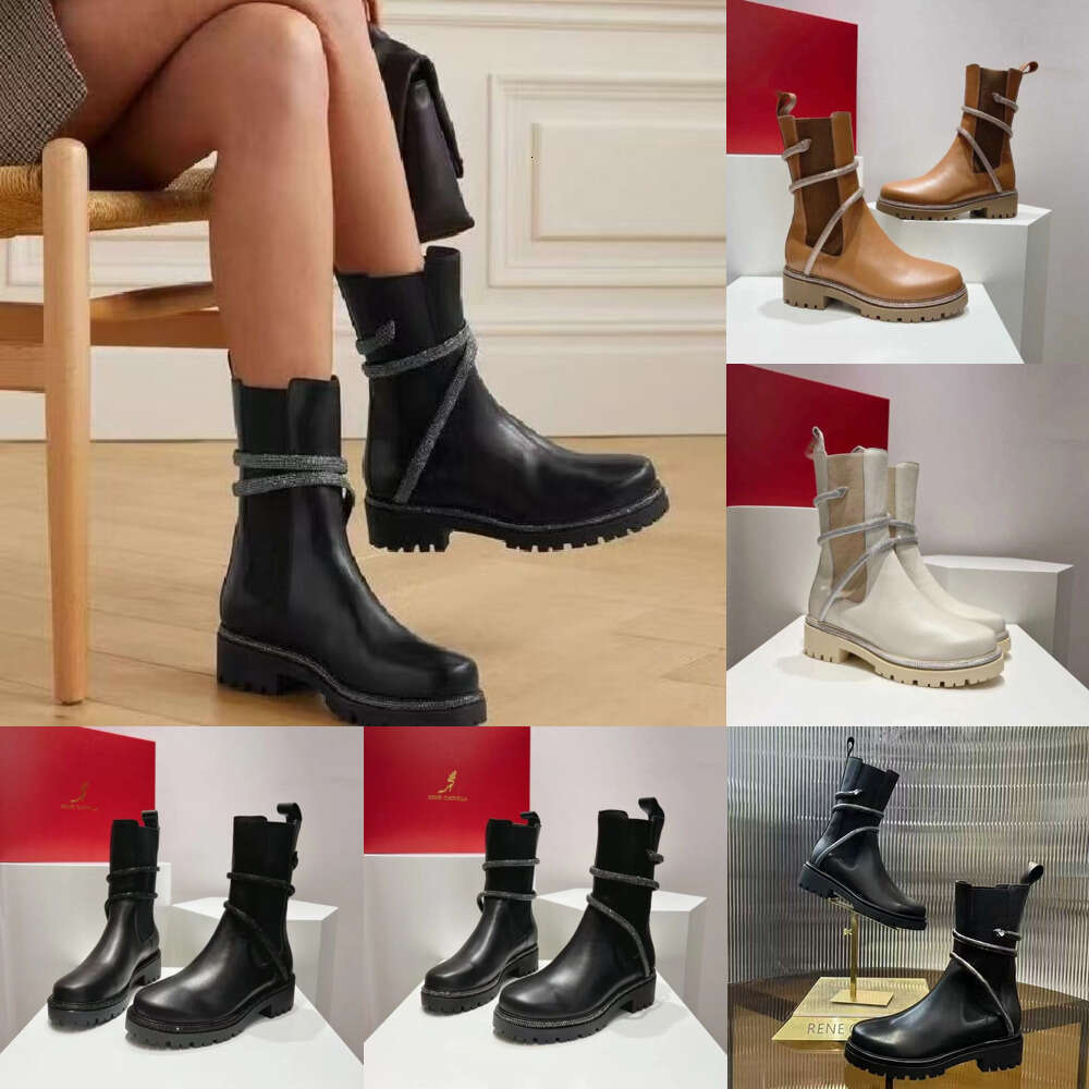 New Fashion Martin Boots Women Round Head Genuine Leather Panel Elastic Fabric Crystal Decoration Snake Wrapped Ankle Strap Flat Heel Designer Boot Martin boots