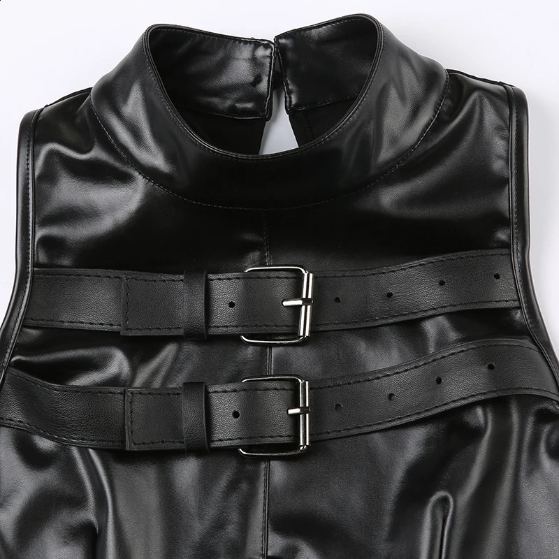 SUCHCUTE punk style leather PU patch work top womens Grunge bicycle sleeveless tight corset vest street clothing dark academic vest 250422
