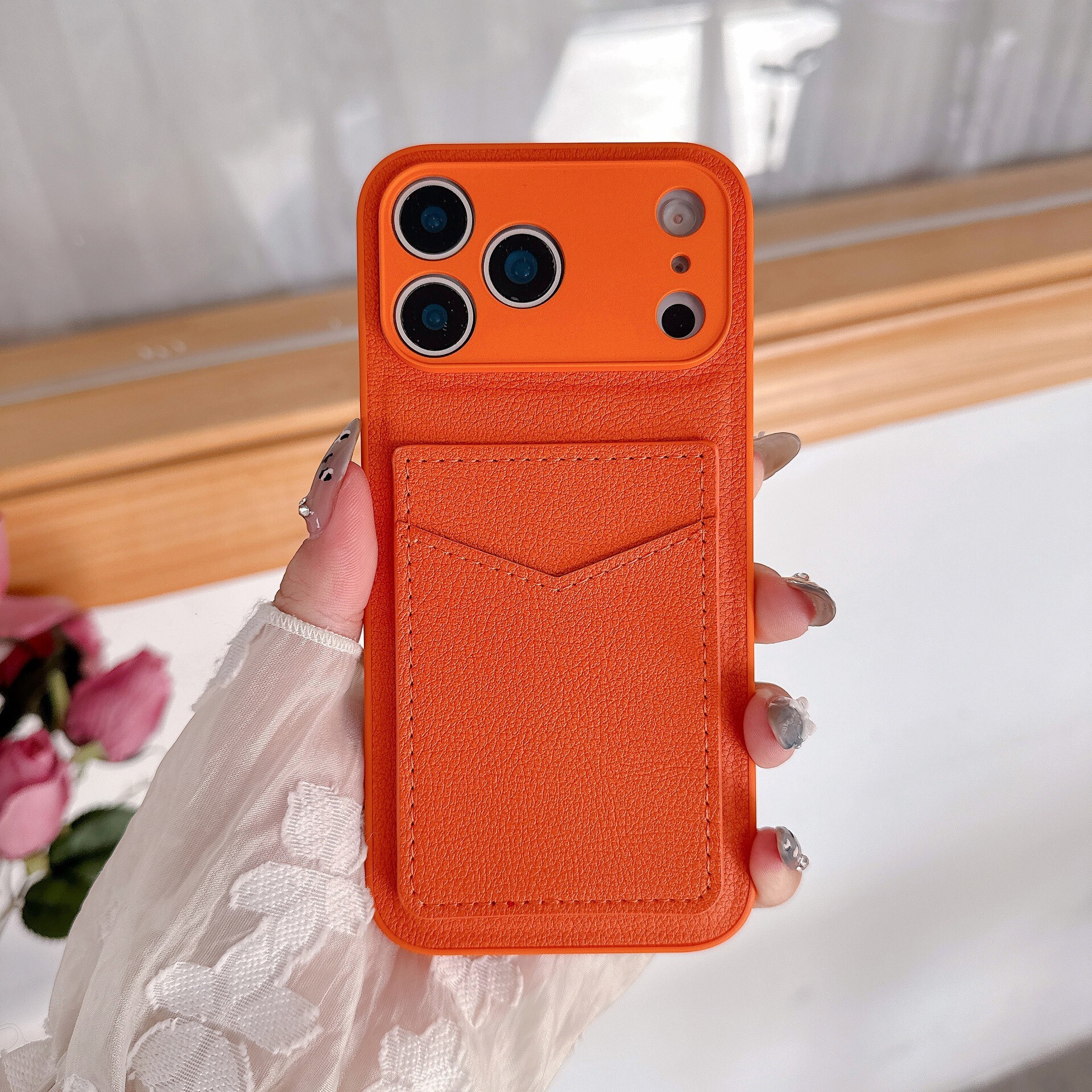 Orange Plain Leather Card Holder iPhone 17 Pro Max Phone Case Compatible with Apple 16 Pro Simple 15 Solid Color Business