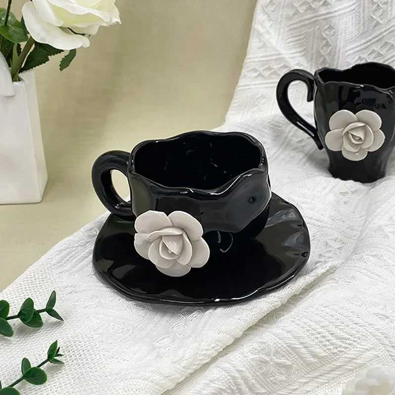 Petal Coffee Mug Creative Hand-pinched White Rose Cups and Saucers Home Afternoon Tea Ceramic Mug Three-dimensional Mug C2511274