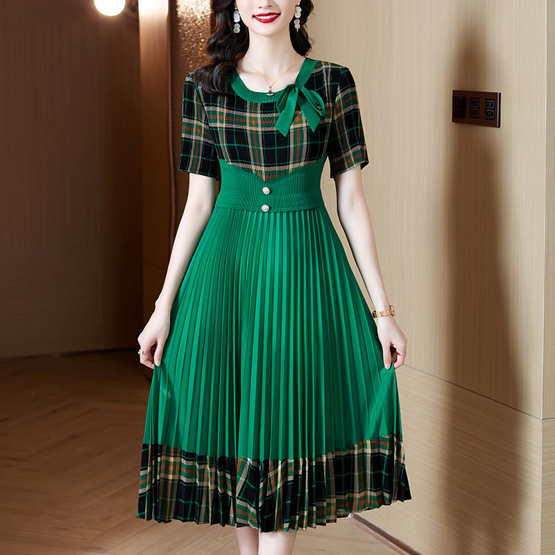 Large size women's Miyake dress summer new style patchwork waist slim temperament medium long style D02308