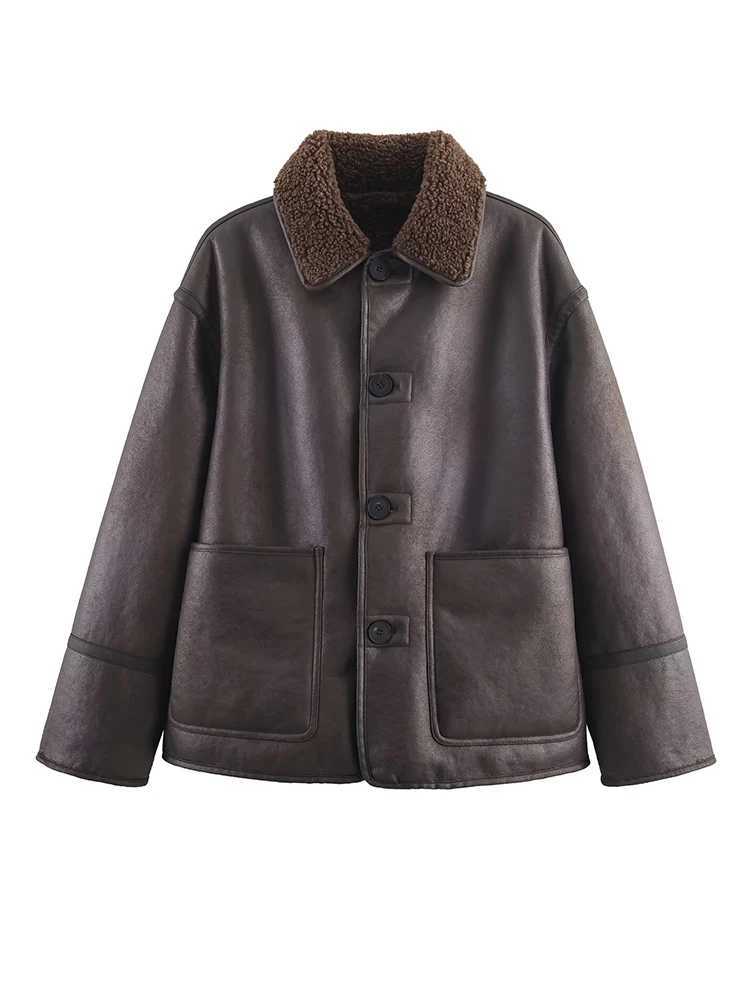 HH Womens New Fashion Winter Jackets Brown Turn-Down Collar Long Sleeve Pocket Single breasted Female Casual Reversible CoatsXJ251127