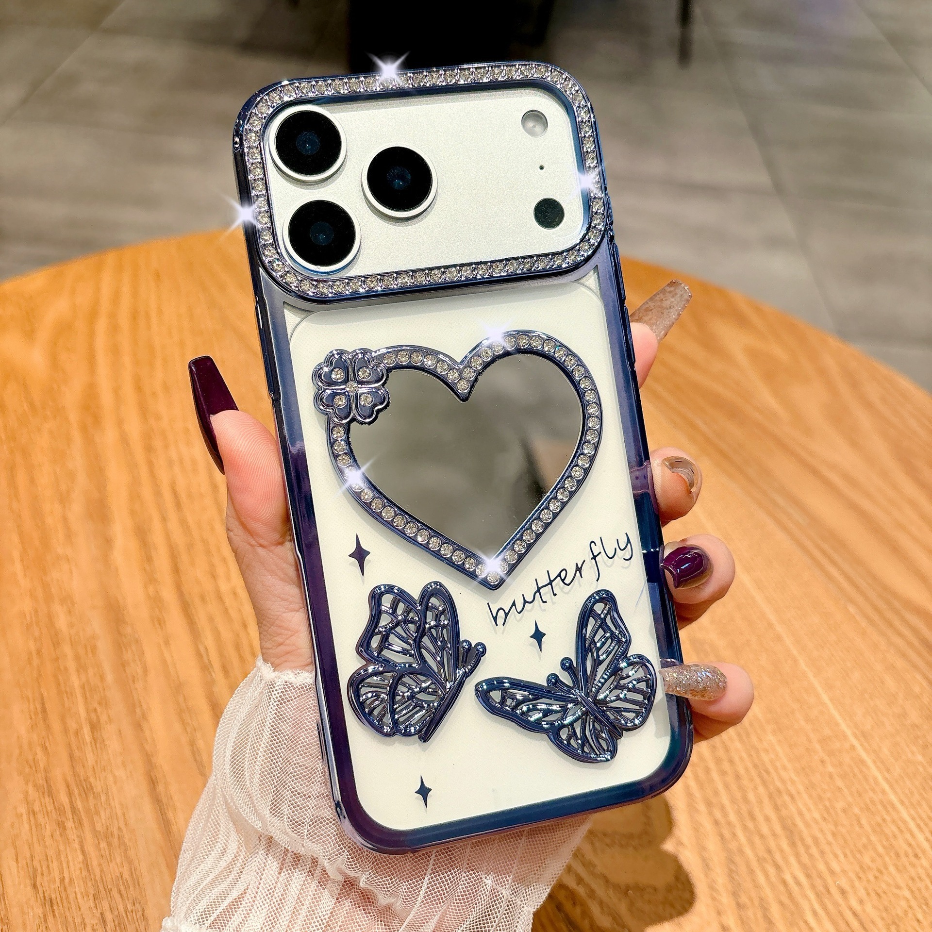 Electroplated Rhinestone Heart Mirror Butterfly Phone Case iPhone 17 Pro Max Compatible with Apple 16/15 Pro Soft Case