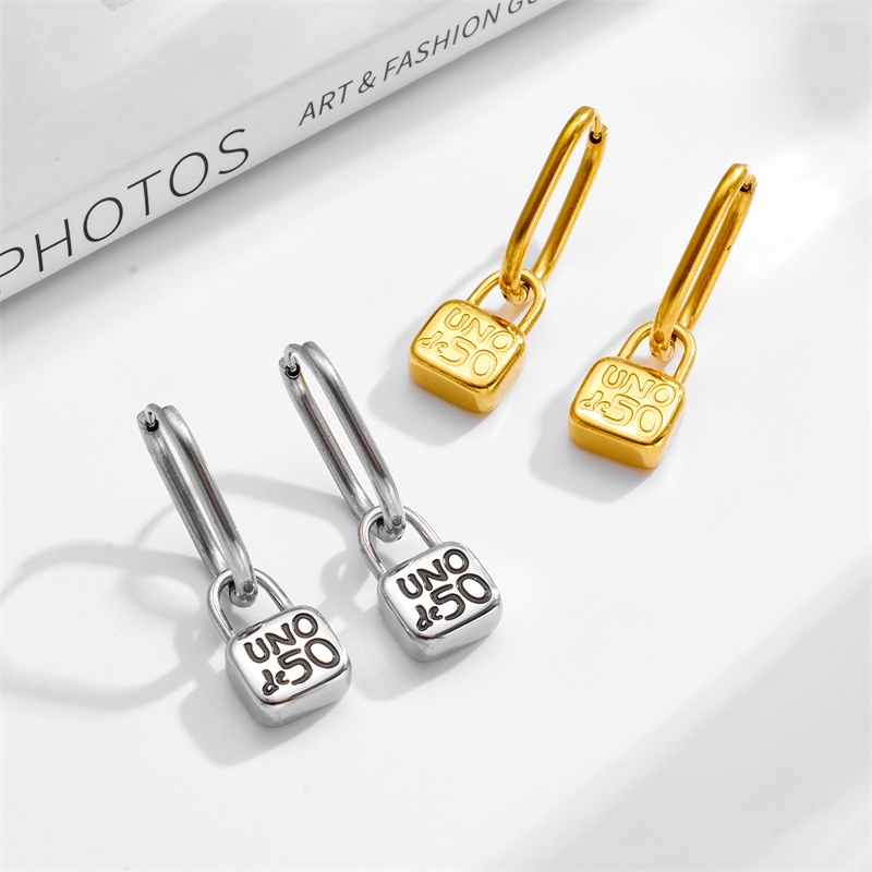 Fashion Women Girls Silver Gold Stainless Steel Uno de50 Key Lock Black Retro Letter Heart Circle Hoop Earrings Jewelry