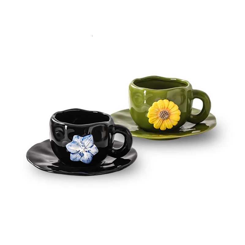 Creative Hand-held Embossed Flower Coffee Cup Home Ceramic Cup and Saucer Set Living Room Coffee Table Decoration Accessories C251127
