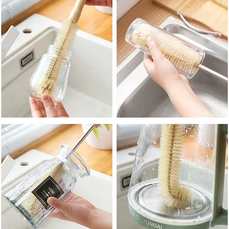 Bottle cleaning brush with long wooden handle water bottle natural bristle kitchen scrub 250425