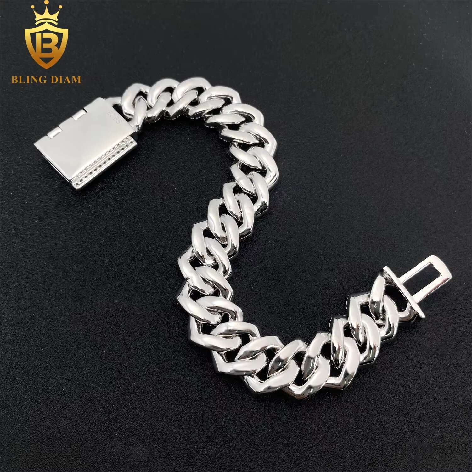 925 Sterling Silver Ice Out 14MM Moissanite Diamond Cuban Chain HipHop Bracelet Cuban Chain for Men Jewelry