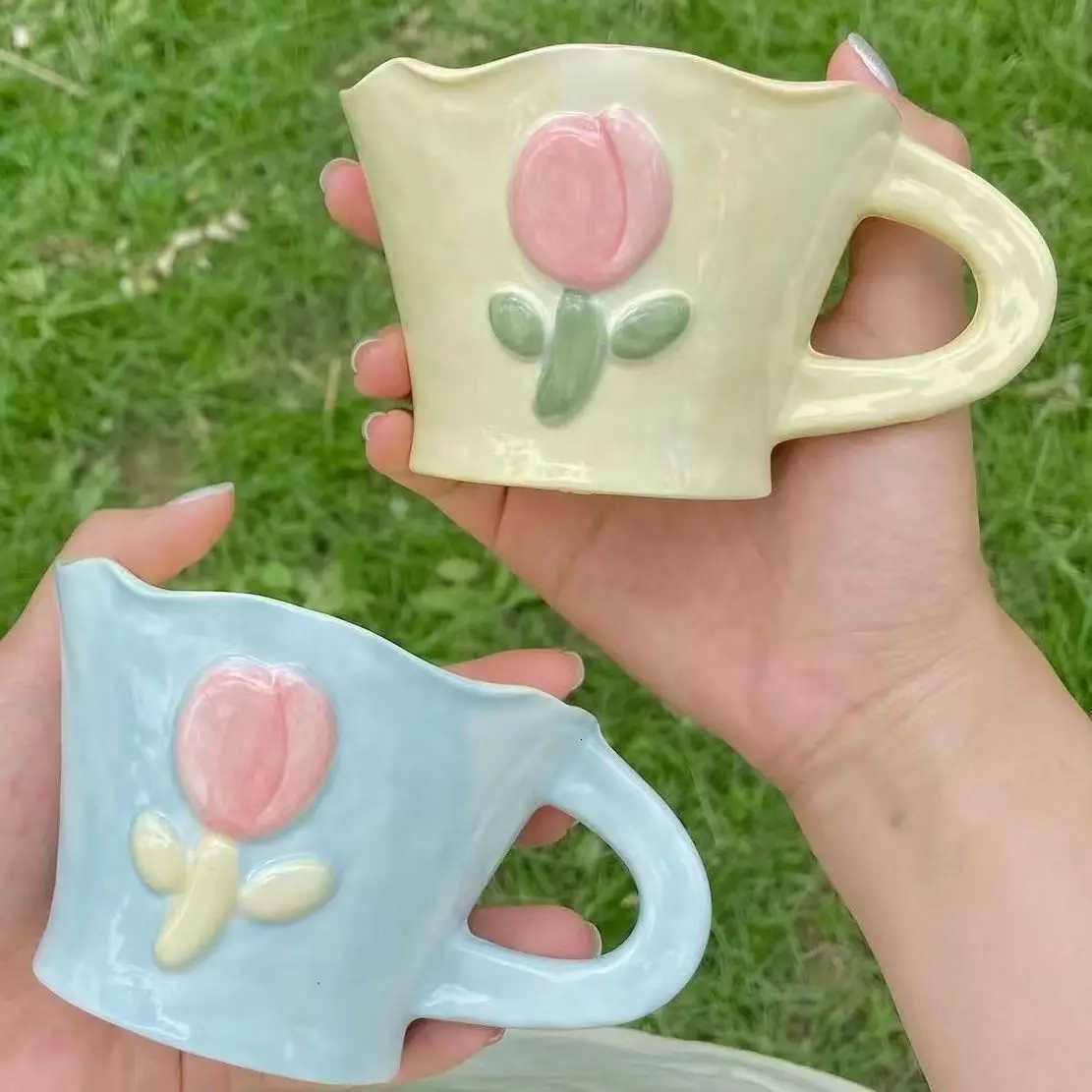 Creative Tulip Ceramic Coffee Cups Set Embossed Mug with Handle Vintage Home Milk Dining Dish Breakfast Tea Drinking C251127