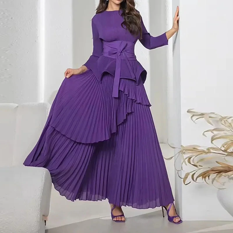 casucal solid color Folds 2024 Summer New Set Irregular Lantern Skirt With Long Skirt Two-piece Set