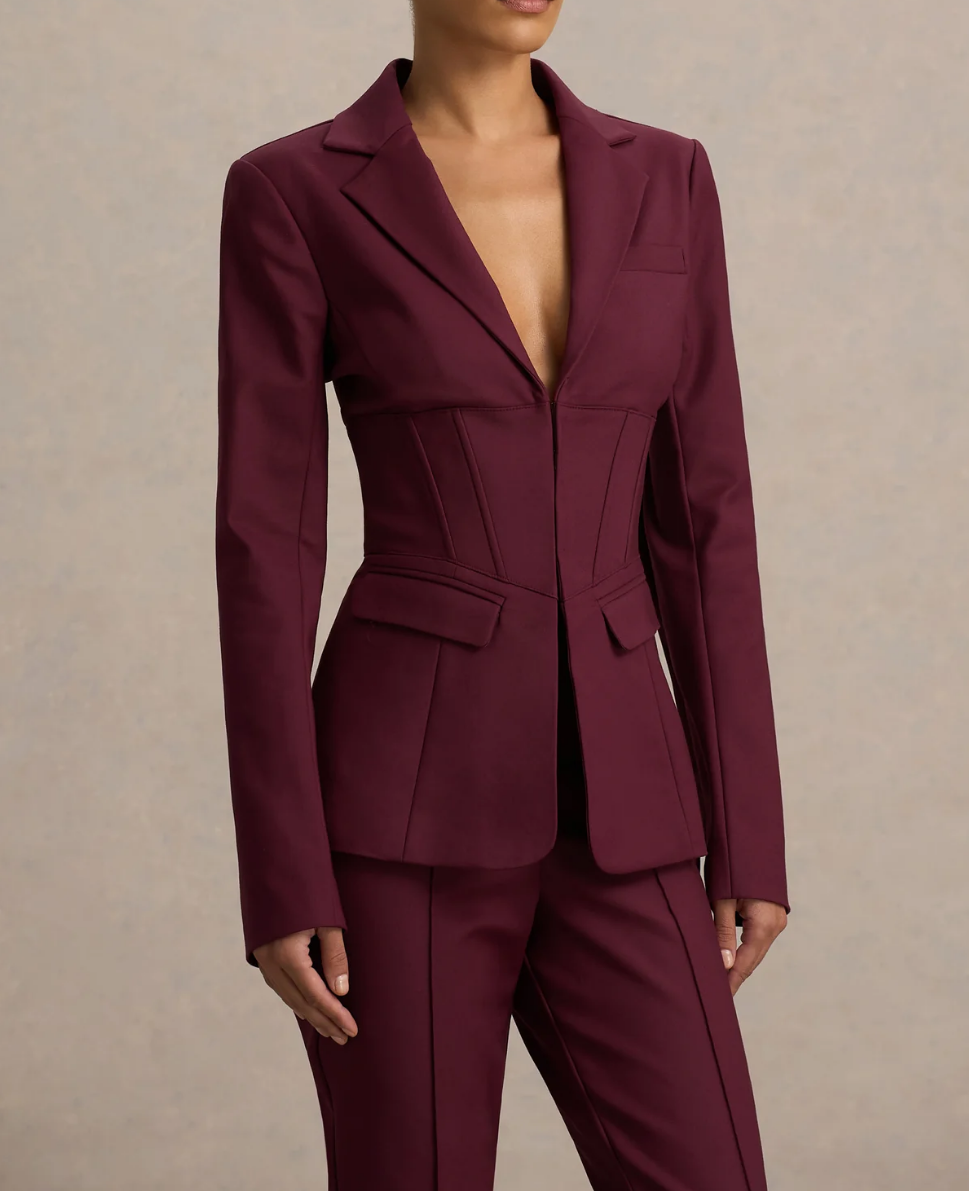 Women's Burgundy Corset Blazer: Premium Thick Crepe Fabric, Deep V Neckline, Corset Cinched Waist, Slim-Fit Formal Suit Jacket for Office & Party