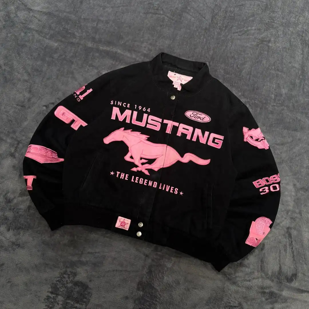 American Simple Pink Horse Pattern Car Jacket for Womens Autumn and Winter Fashion Street Harajuku Y2K Bomber Jacket 251121