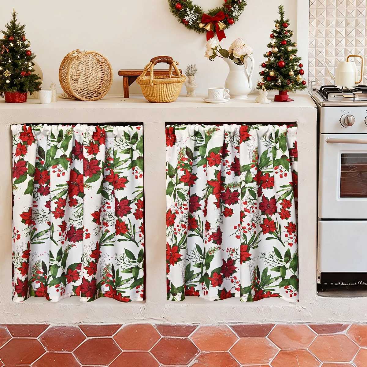 Curtain Christmas 1PC Christmas Poinsettia Printed Rod-Pocket Short Curtain Suitable for Christmas Festival Curtain Decoration and Embellishment Y2511