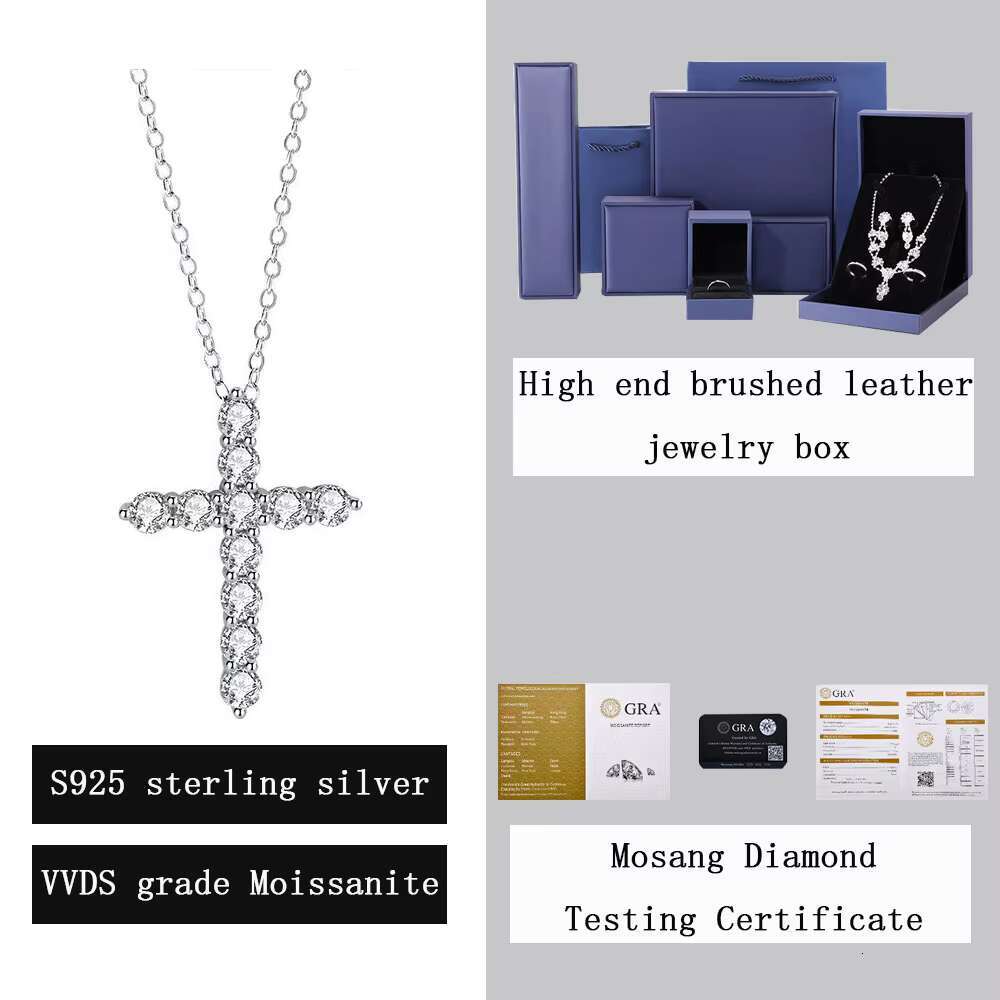 S925 Pure Silver Plated 18K White Gold Cross Diamond Pendant with D-color VVS Moissanite Fashionable Luxury Moissanite Necklace