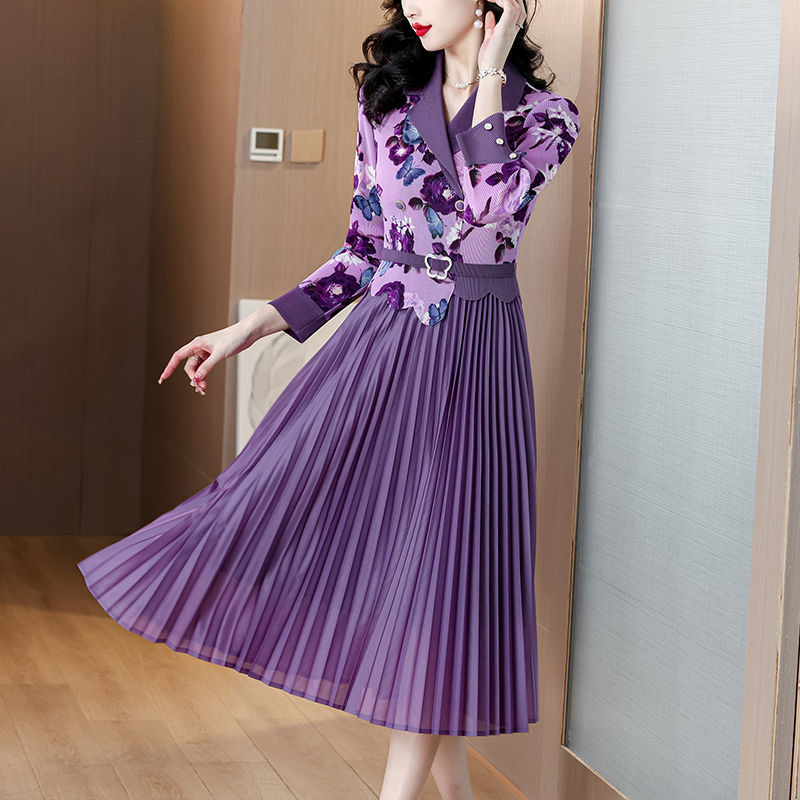 Spring plus size women's clothing 2025 suit collar dress with print, stylish and slimming style D02307