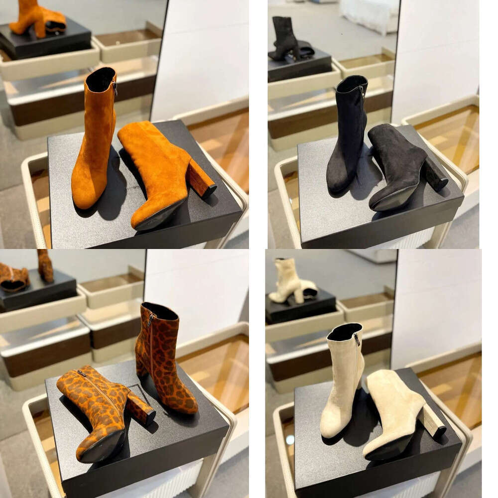 luxury Women's Runway Fashion zipper Ankle Boots Genuine Leather Suede Pointed Toes leopard print Chunky Designer boot kitten heel Boots fashion booties woman shoe