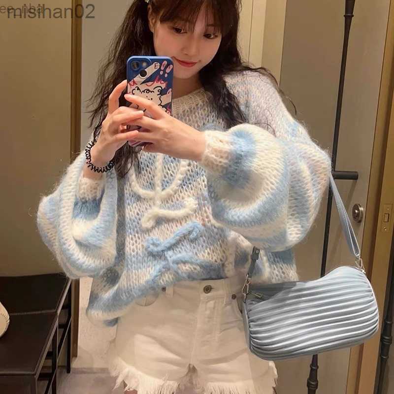 Womens Knits Tees Spring Autumn Loose Women Striped Cashmere Sweater Casual Long Sleeve Knitwear Outwear Hollow Out Knitting Pullover Soft I993 HKD230812