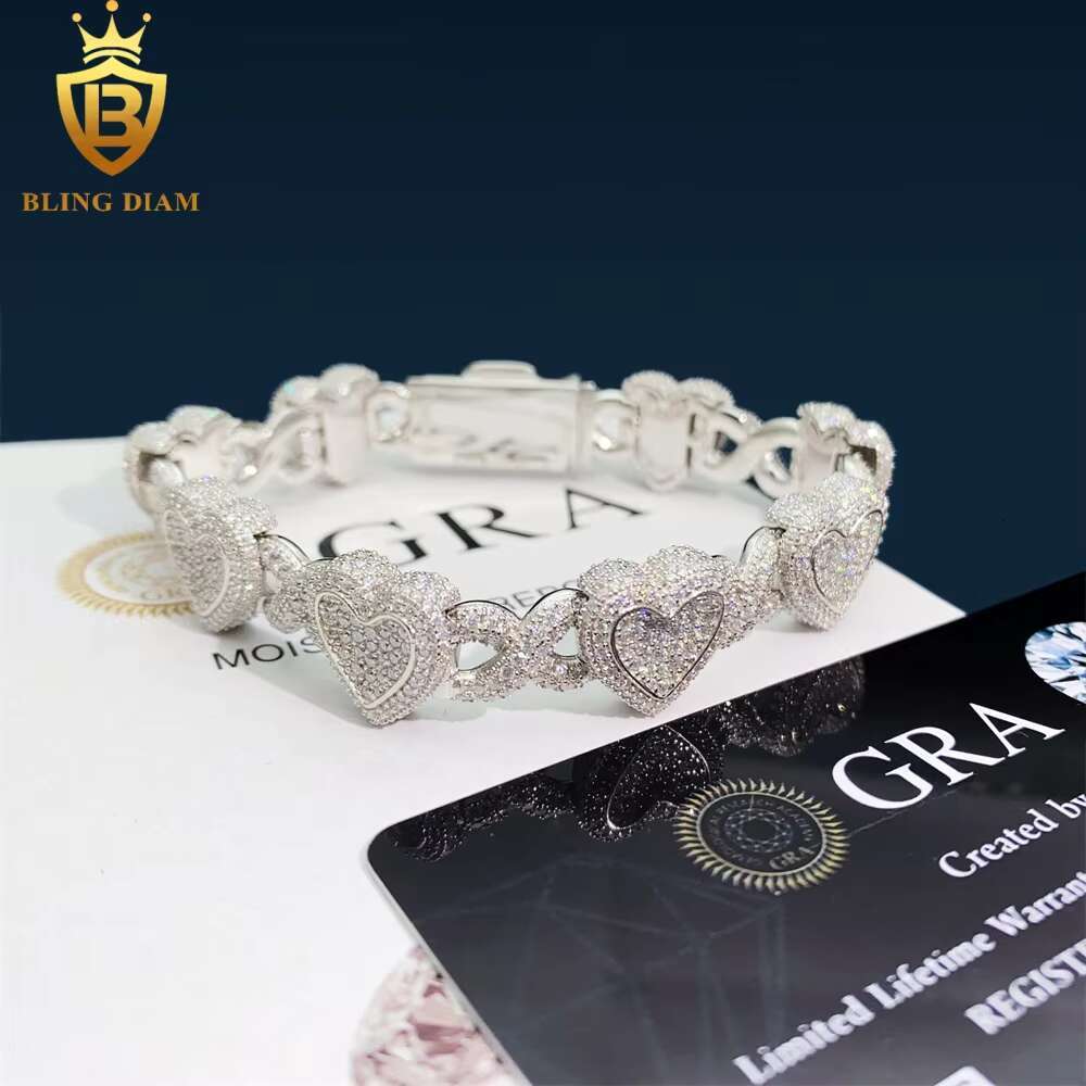 Bling Diam 9mm 925 Sterling Silver VVS Moissanite Iced Out Gold Plated Cuban Link Heart Shape Bracelet Hip Hop Jewelry