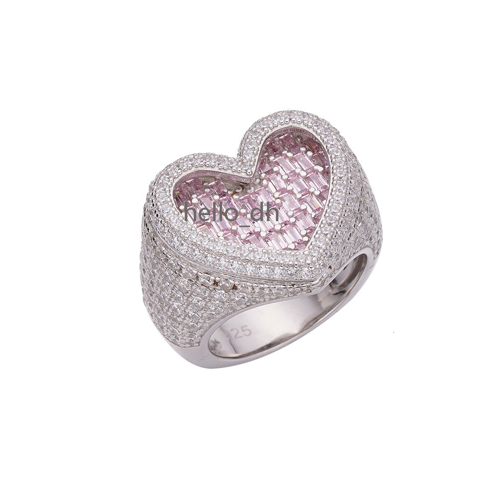 Fashion Jewelry Solid 925 Silver Iced Out Baguette moissanite Diamonds Ladies Pink 3D Heart Ring