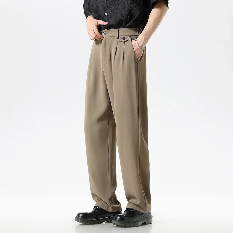 Mens casual loose straight pants button elastic waist Korean casual business Trouser mini waist button 250427