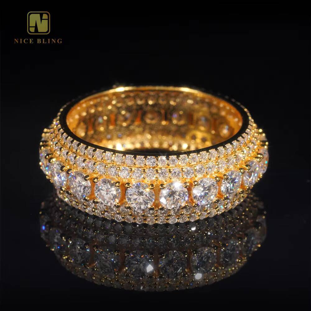 Luxury Rapper Jewelry Gold Plated Solid Inside 925 Sterling Silver Hip Hop Fully Iced Out Moissanite Band Ring